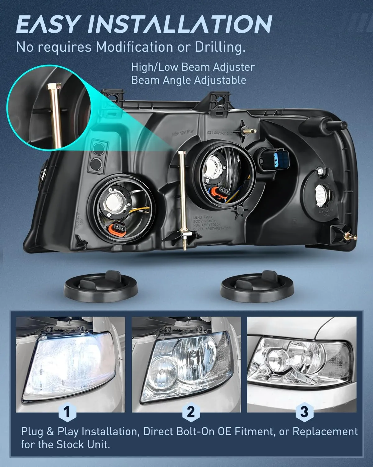 2003-2006 Ford Expedition Headlight Assembly Chrome Housing Clear Reflector Clear Lens