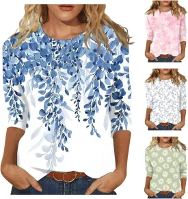 3/4 Length Sleeve Womens Tops 2025 Summer Plus Size Women Blouses Floral Print Round Neck Tees Loose Fit Shirts