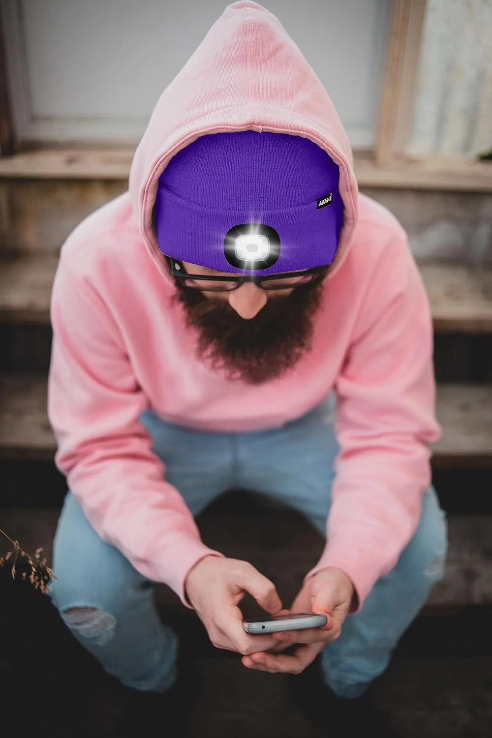 ATNKE LED Lighted Beanie Hat,USB Rechargeable 4 LED Running Headlamp Lined Fleece Cap with Light Gift for Men and Women