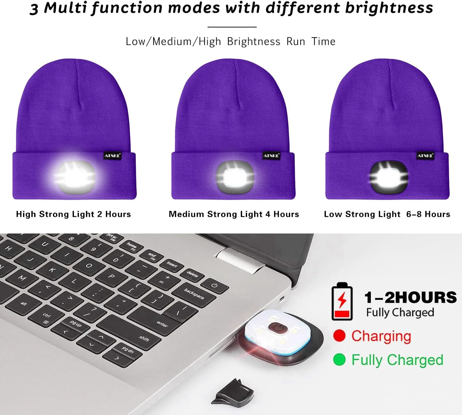 ATNKE LED Lighted Beanie Hat,USB Rechargeable 4 LED Running Headlamp Lined Fleece Cap with Light Gift for Men and Women