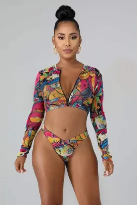 Clearance | Face Oil Painting Printing Bathing Suit Zipper Up Crop Swimsuit UPF50  Rash Guard
