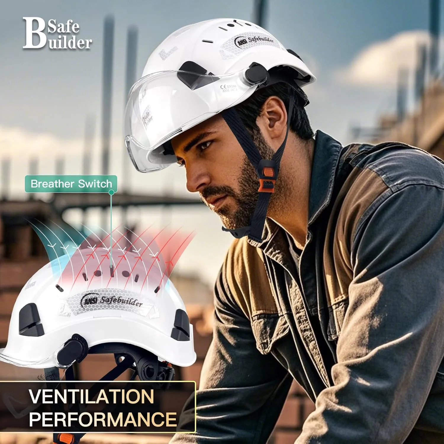 Construction Safety Helmet with Visor ABS Hard Hat Adjustable Ventilation Hardhats Industrial Work Head Protection for Men Certified ANSI/ISEA Z89.1