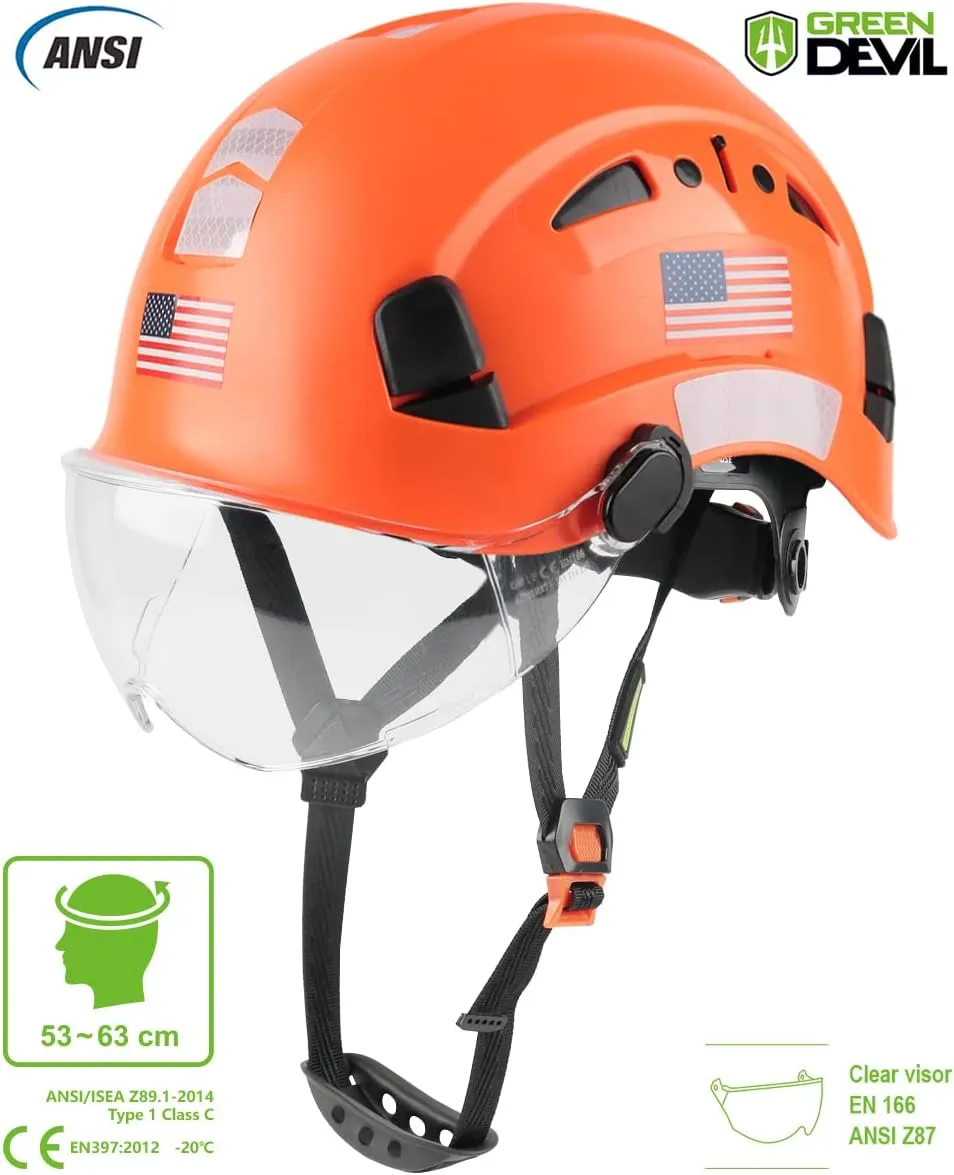 GREEN DEVIL Safety Helmet Hard Hat with Visor Chinstrap Adjustable Lightweight Vented ABS Work Helmet for Men and Women 6-Point Suspension ANSI Z89.1 Approved Ideal for Industrial & Construction