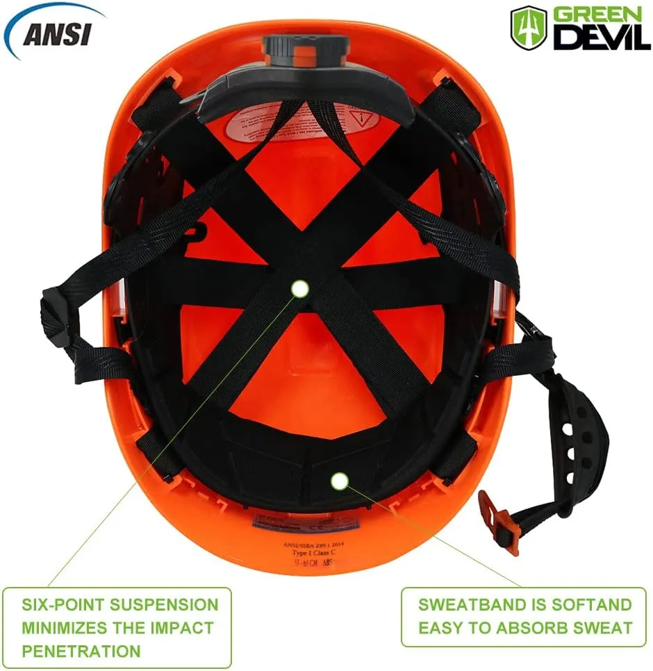 GREEN DEVIL Safety Helmet Hard Hat with Visor Chinstrap Adjustable Lightweight Vented ABS Work Helmet for Men and Women 6-Point Suspension ANSI Z89.1 Approved Ideal for Industrial & Construction