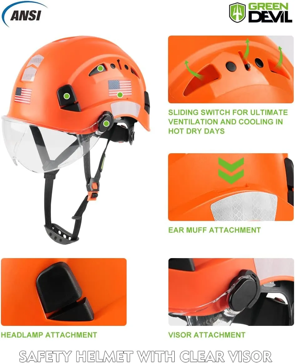 GREEN DEVIL Safety Helmet Hard Hat with Visor Chinstrap Adjustable Lightweight Vented ABS Work Helmet for Men and Women 6-Point Suspension ANSI Z89.1 Approved Ideal for Industrial & Construction