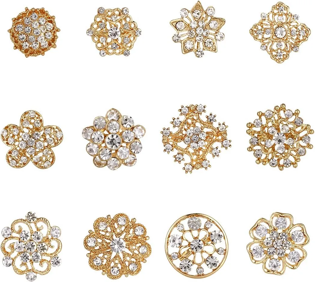 Lot 12pc Small Size Rhinestone Crystal Flower Brooches Pins Set DIY Wedding bridal Bouquet Women Broaches