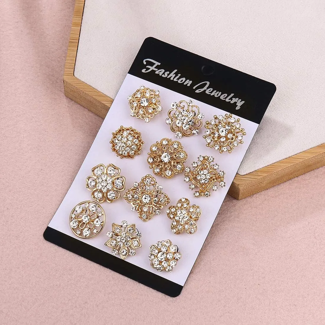 Lot 12pc Small Size Rhinestone Crystal Flower Brooches Pins Set DIY Wedding bridal Bouquet Women Broaches