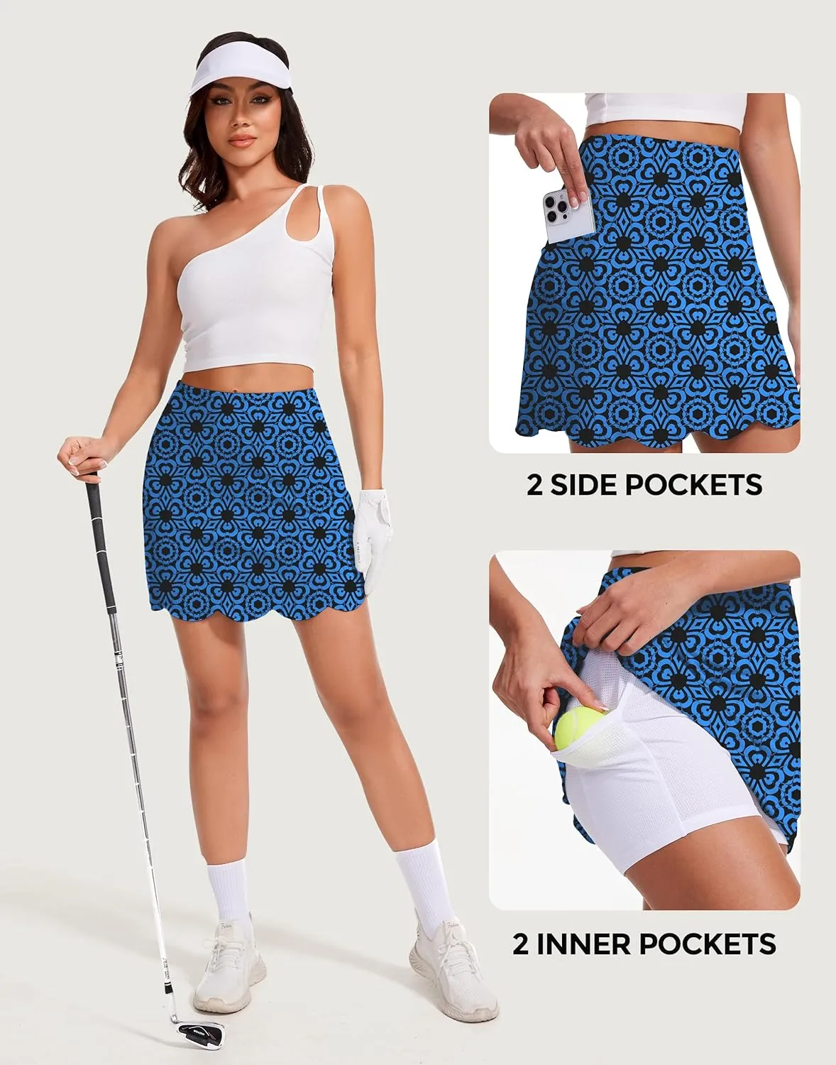 M MOTEEPI Skorts for Woman with Pockets 16" Golf Athletic Skirts Scalloped Hem Tennis Skirt Dressy Casual