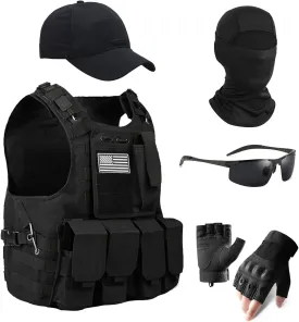 M-YOUNG Outdoor Tactical Airsoft Vest Adjustable Fit Adult Tactical Vest Set For Men Equipment with Hat,Glove,Visor,Glasses