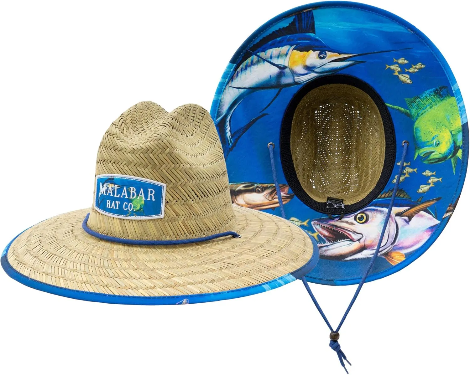 Malabar Hat Fabric Pattern Print Straw Sunhat Men & Women, Lifeguard Hat, Swim, Paddle Board, Boat, Fishing, Fits All