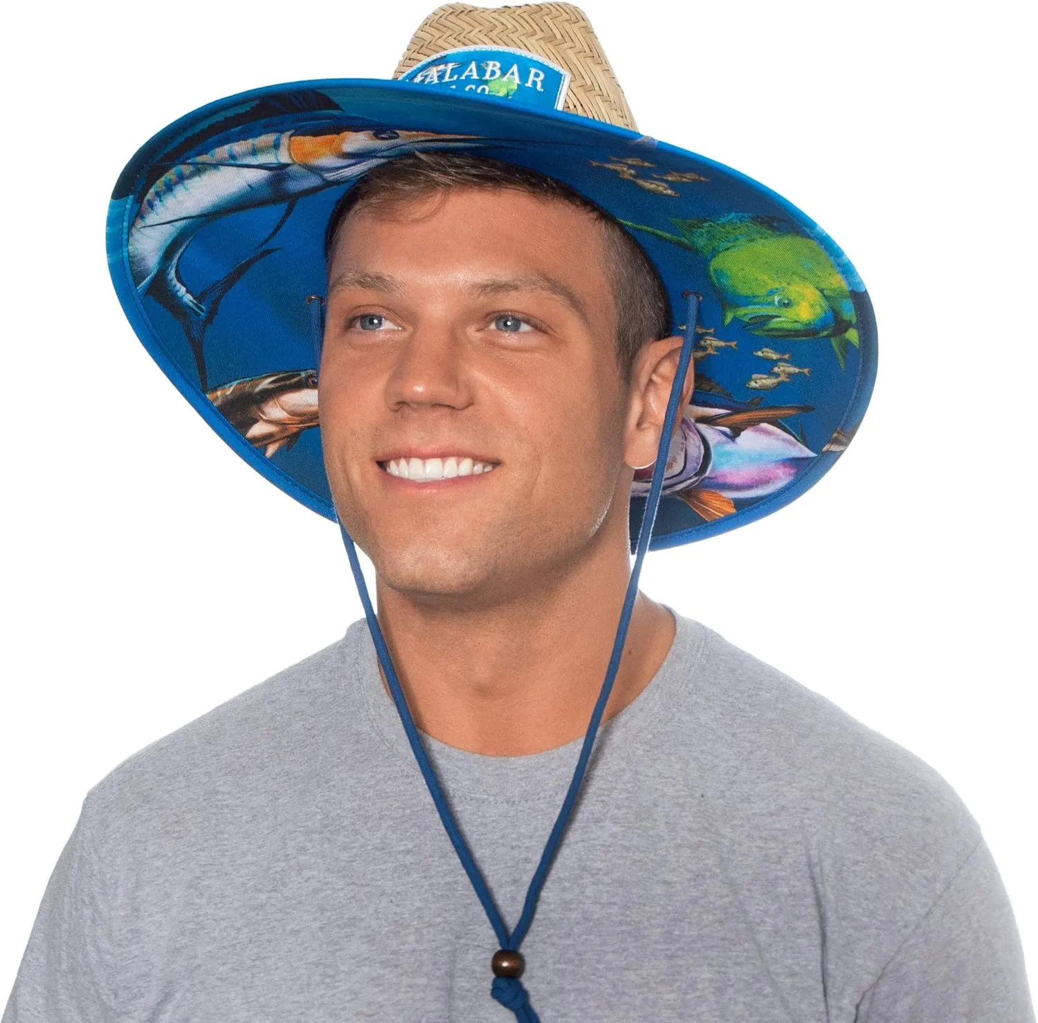 Malabar Hat Fabric Pattern Print Straw Sunhat Men & Women, Lifeguard Hat, Swim, Paddle Board, Boat, Fishing, Fits All