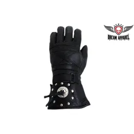 Men's Motorcycle Long Guantlet Lined gloves with Conchos and Studs