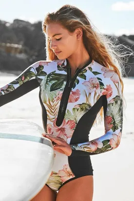 Palm Leaf Print Long Sleeve Zip UPF50  Rash Guard