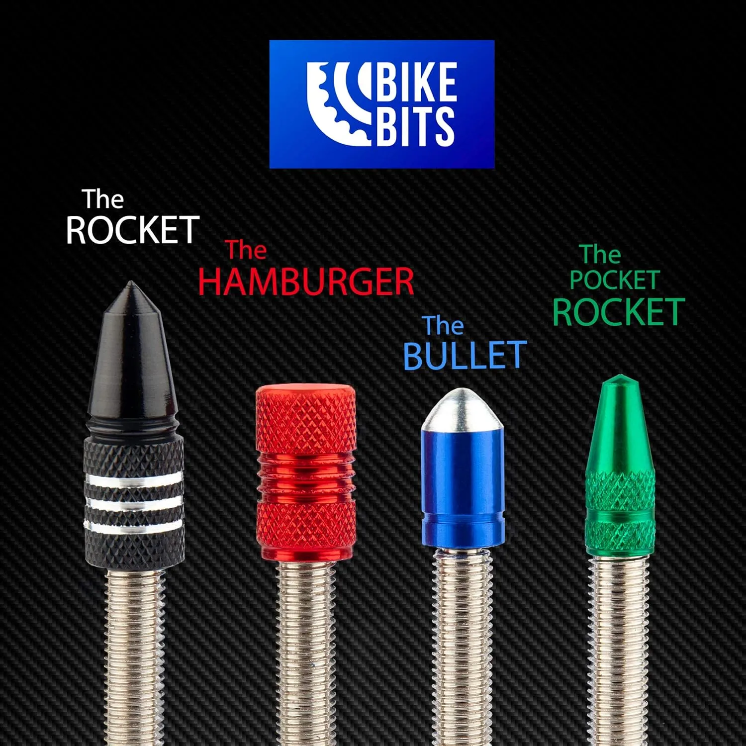 Presta Valve Caps - Anodized Aluminum - Use On Presta/French Valves - Designs: Bullet, Rocket, Hamburger, Pocket Rocket (4 Pack)