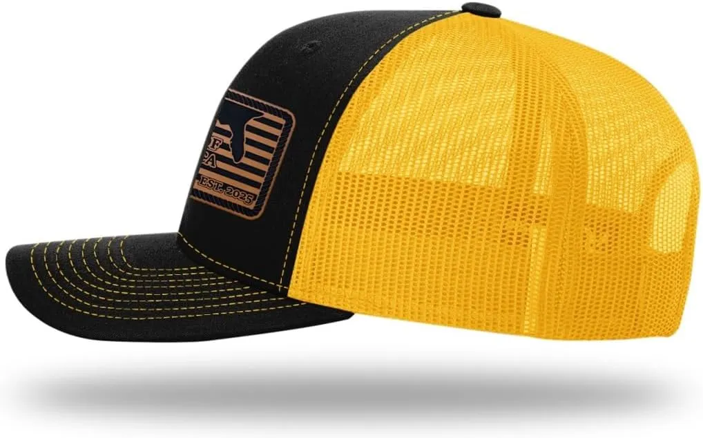 Richardson American Gulf Hat, Trucker Style Mesh Back Cap with Custom Laser Engraved Leather Patch