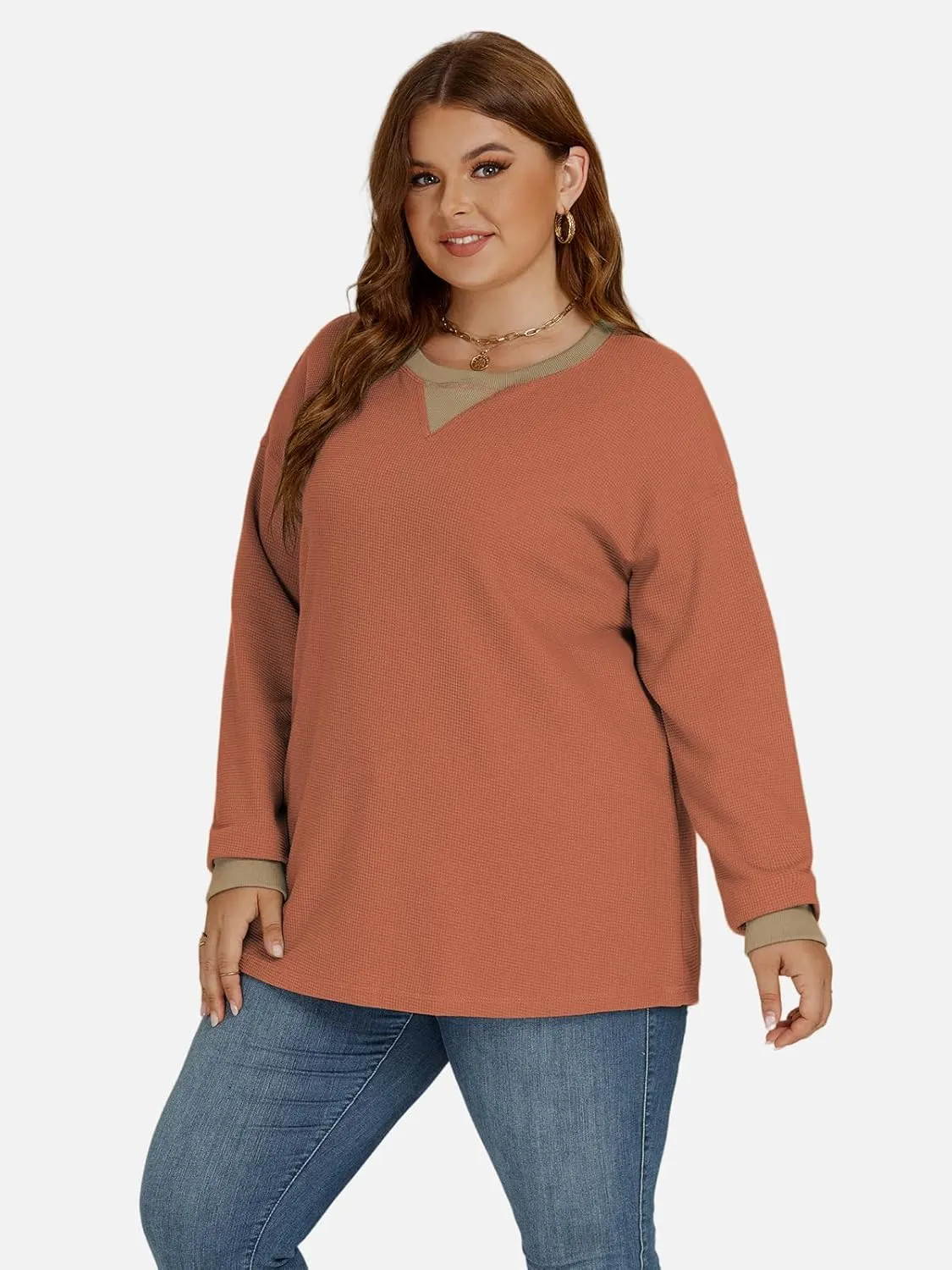 VISLILY Womens-Plus-Size-Sweatshirts Trendy Color Block Casual Long Sleeve Tops Waffle Knit Oversized Shirts Loose Fit Tunics