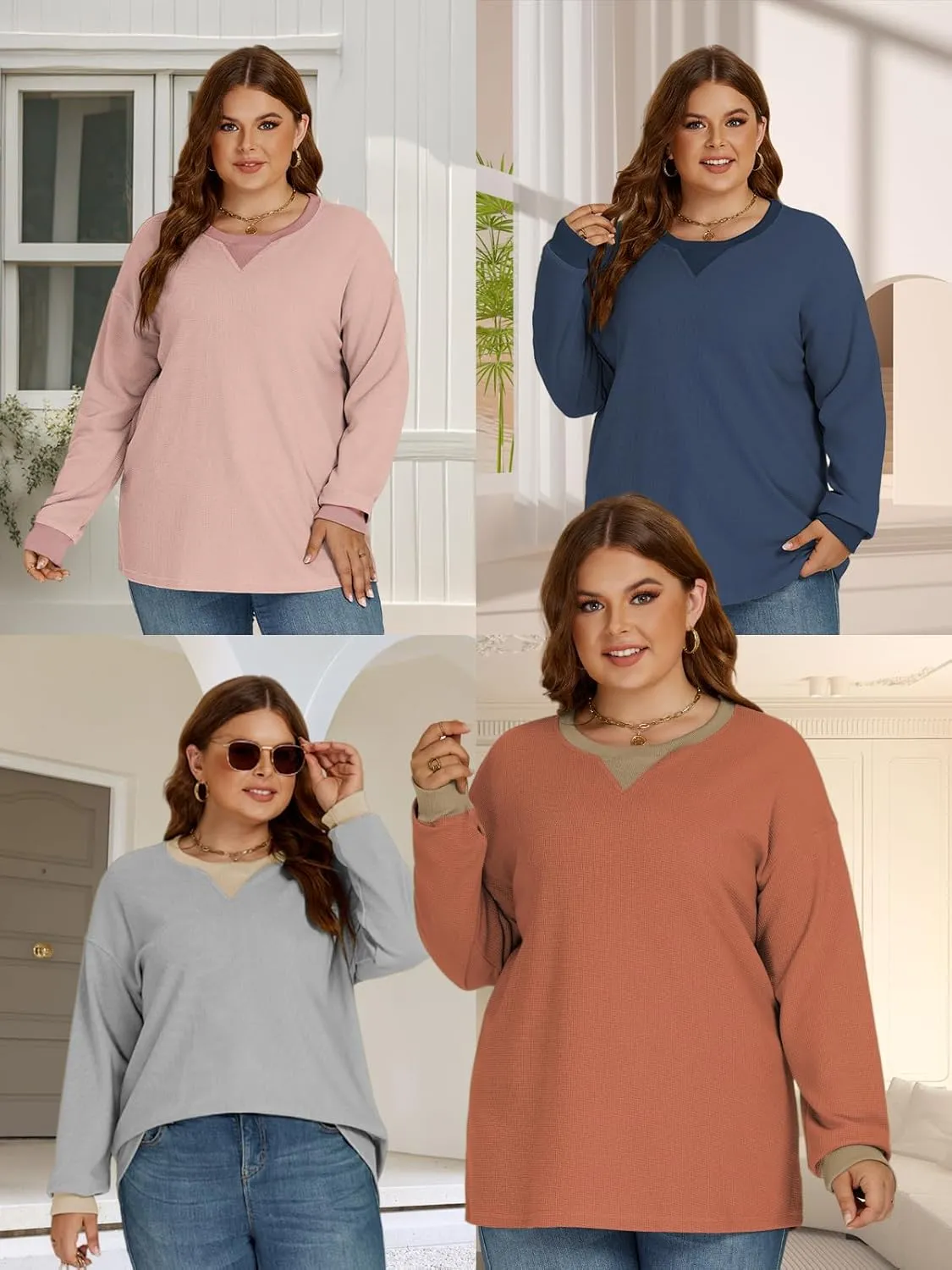 VISLILY Womens-Plus-Size-Sweatshirts Trendy Color Block Casual Long Sleeve Tops Waffle Knit Oversized Shirts Loose Fit Tunics