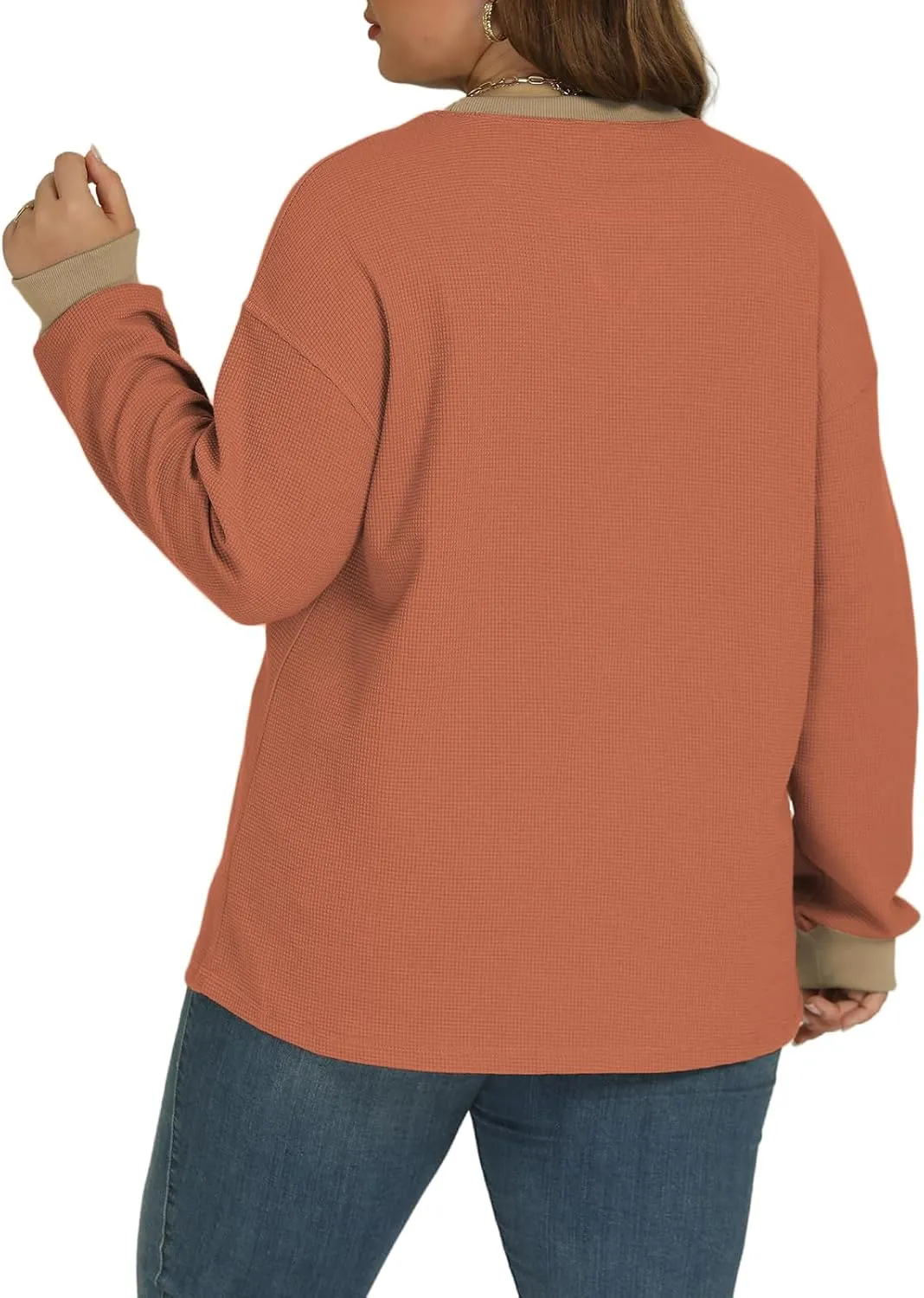 VISLILY Womens-Plus-Size-Sweatshirts Trendy Color Block Casual Long Sleeve Tops Waffle Knit Oversized Shirts Loose Fit Tunics