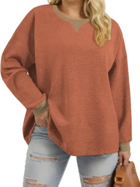 VISLILY Womens-Plus-Size-Sweatshirts Trendy Color Block Casual Long Sleeve Tops Waffle Knit Oversized Shirts Loose Fit Tunics
