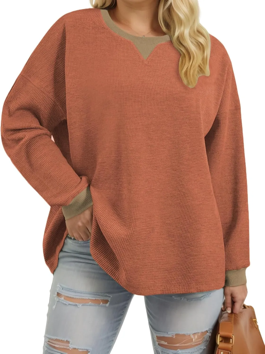VISLILY Womens-Plus-Size-Sweatshirts Trendy Color Block Casual Long Sleeve Tops Waffle Knit Oversized Shirts Loose Fit Tunics