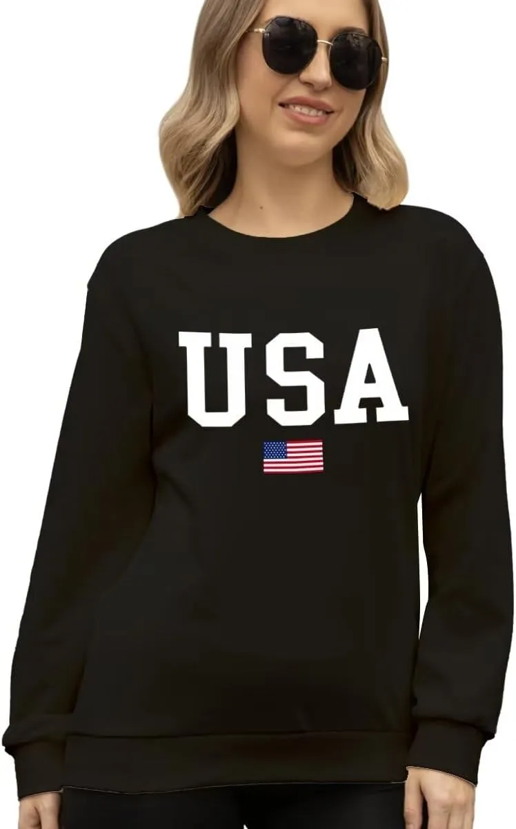 Women's USA Flag Graphic Sweatshirts Crewneck American Flag Casual Long Sleeve Pullover Tops