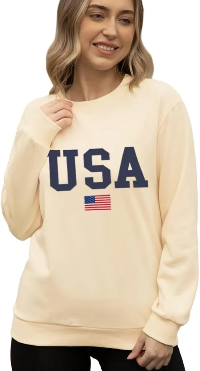 Women's USA Flag Graphic Sweatshirts Crewneck American Flag Casual Long Sleeve Pullover Tops