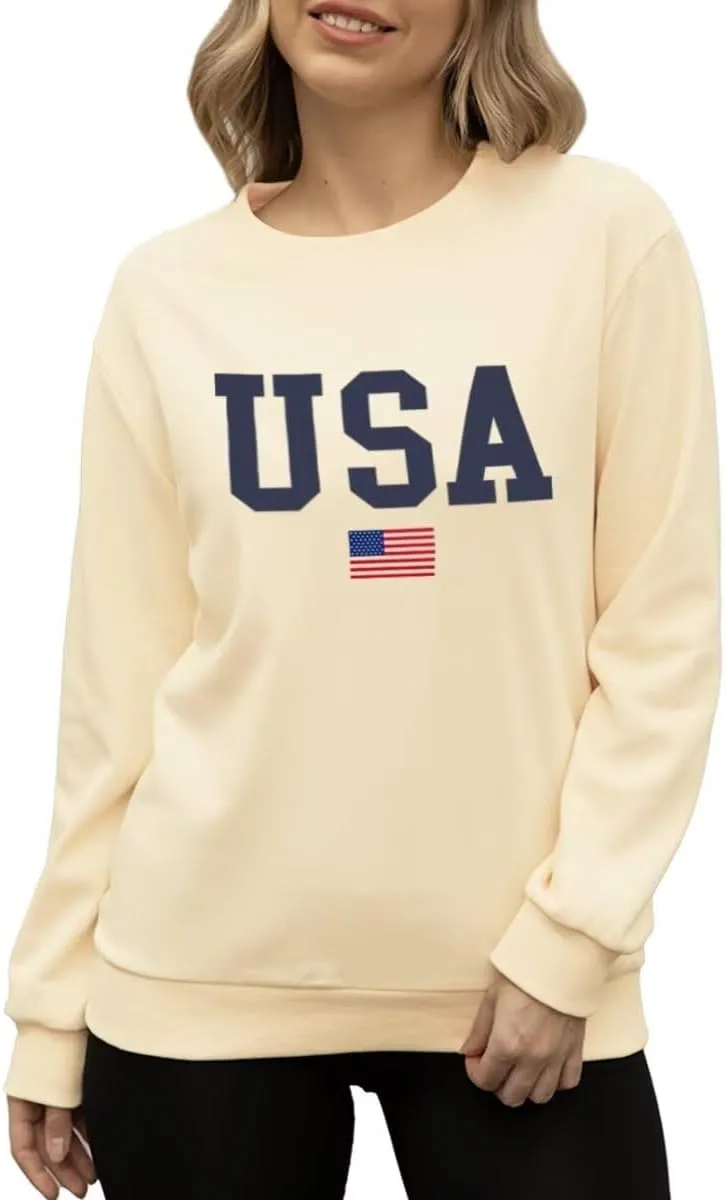 Women's USA Flag Graphic Sweatshirts Crewneck American Flag Casual Long Sleeve Pullover Tops