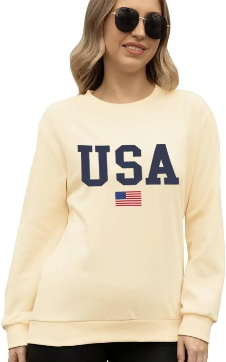Women's USA Flag Graphic Sweatshirts Crewneck American Flag Casual Long Sleeve Pullover Tops