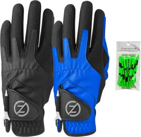 Zero Friction Men's Compression-Fit Synthetic Golf Glove, Universal Fit One Size (Pack of 2) with Pack of Golf Tees