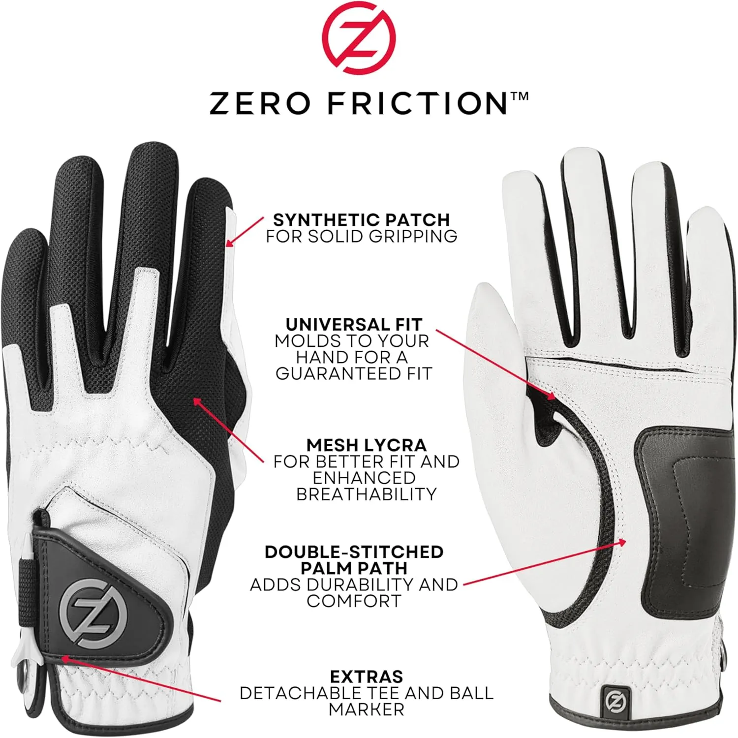 Zero Friction Men's Compression-Fit Synthetic Golf Glove, Universal Fit One Size (Pack of 2) with Pack of Golf Tees